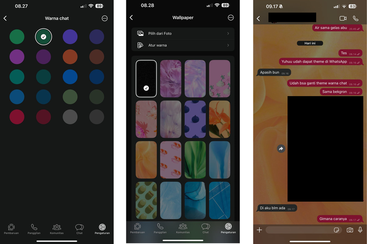 Ilustrasi cara mengubah warna chat WhatsApp.