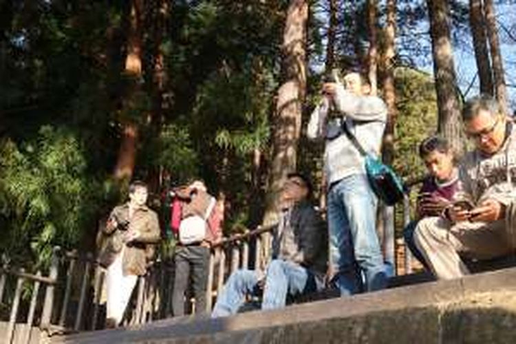 Wisatawan menyaksikan keindahan Gunung Fuji di Prefektur Yamanashi, Jepang, Rabu (30/11/2016).