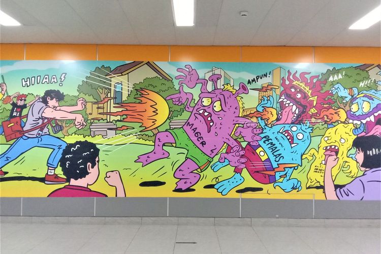 Lukisan mural di stasiun bawah tanah MRT, Jakarta.