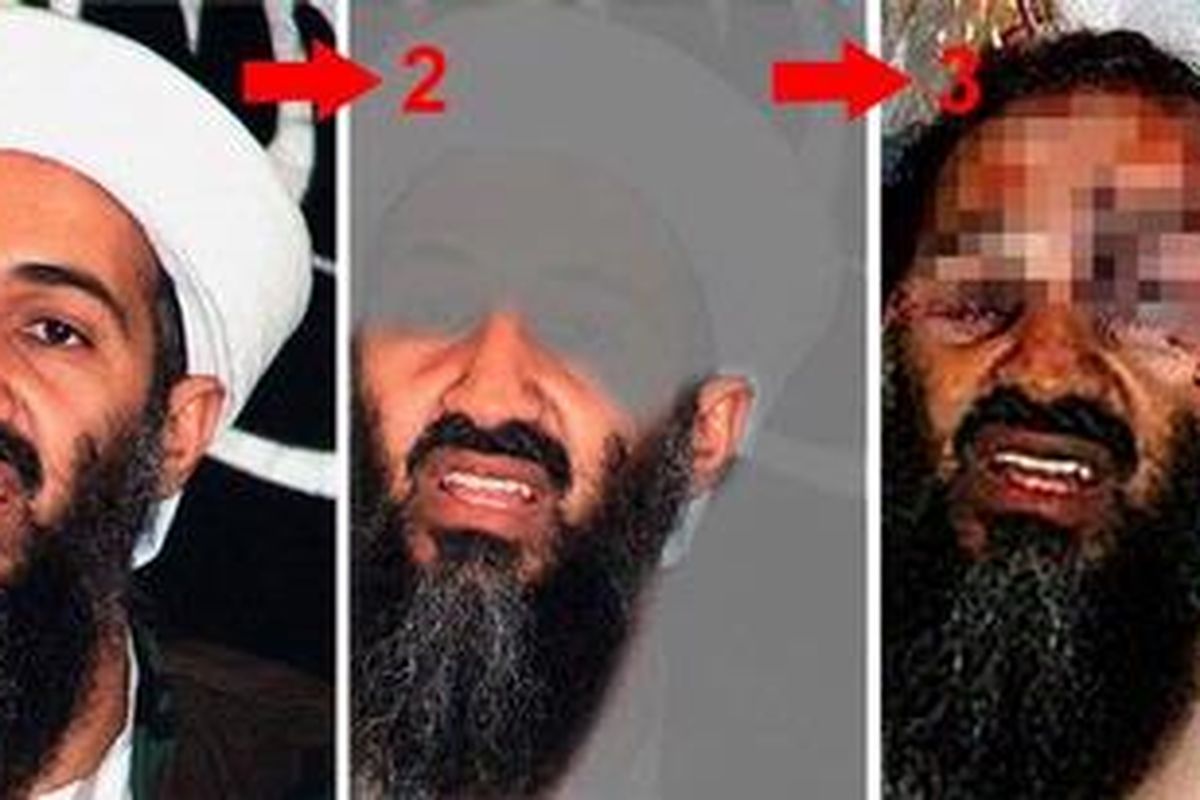 Proses montase wajah foto Osama bin Laden yang mungkin digunakan dalam foto ini. Wajah Osama bin Laden yang tewas berlumuran darah tersiar di Internet. AFP menyebutkan foto tersebut sangat mungkin rekayasa.