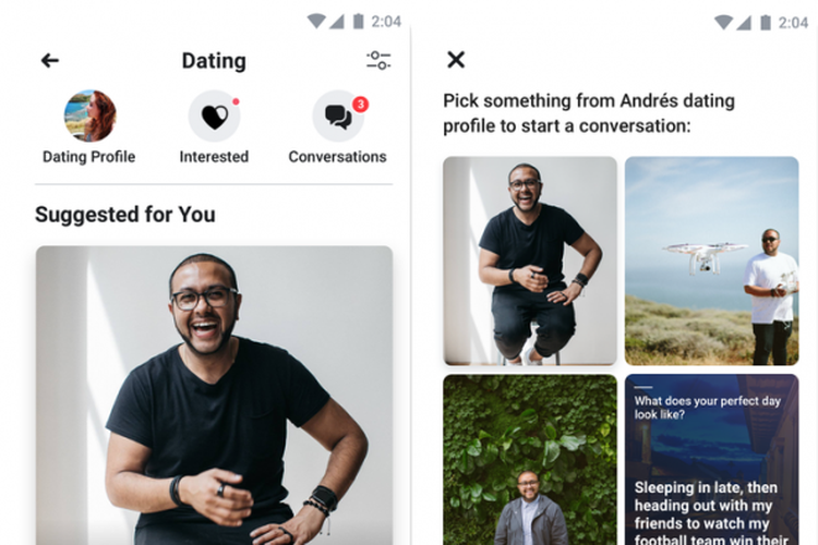 Tangkapan layar fitur Facebook Dating yang diuji coba di Kolumbia