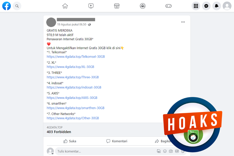 Tangkapan layar unggahan dengan narasi hoaks di sebuah akun Facebook, Sabtu (19/8/2023), berisi penawaran kuota internet gratis sebanyak 30 GB dari berbagai operator.