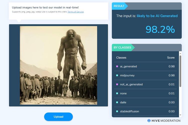 Hasil pemeriksaan Hive Moderation, foto raksasa Kandahar buatan AI