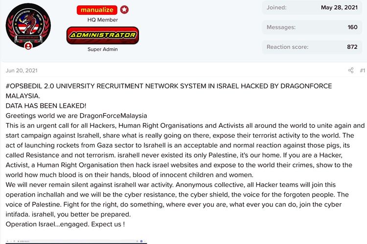 Tangkapan layar dari situs web DragonForceMalaysia yang menyatakan bahwa kelompok itu membocorkan data para mahasiswa Israel.