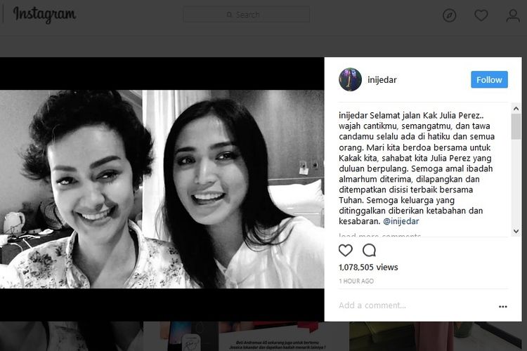 Jessica Iskandar mengunggah video hitam putih untuk mengenang Julia Perez, Sabt (10/6/2017).