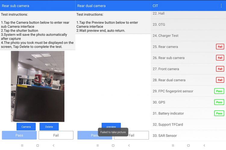 Sebelum mengalami error di aplikasi kamera, tool diagnosa CIT di Pocophone F1 masih bisa mengakses hardware kamera dan menjalankan pengujian dengan lancar (gambar kiri). Namun, setelah error muncul dan aplikasi kamera tidak bisa dipakai, CIT pun tak bisa menjalankan pengujian hardware kamera dan menampilkan pesan error (gambar tengah).