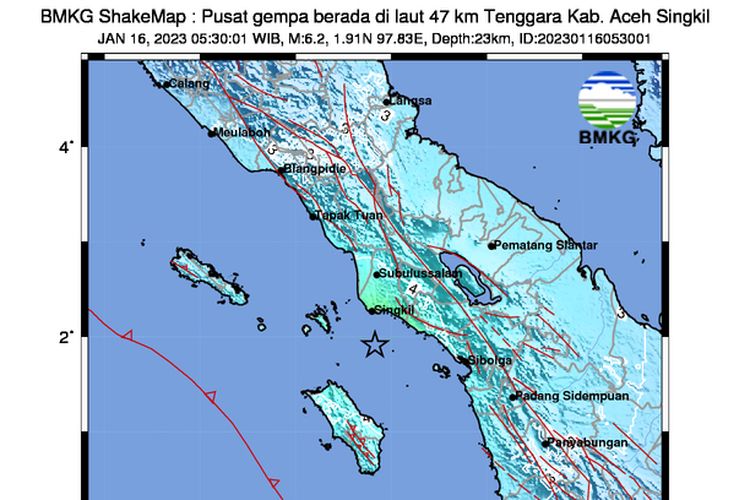 Gempa bumi berkekuatan M 6,2 mengguncang Kabupaten Aceh Singkil, Provinsi Aceh pada Senin (16/1/2023) pukul 05.30 WIB.