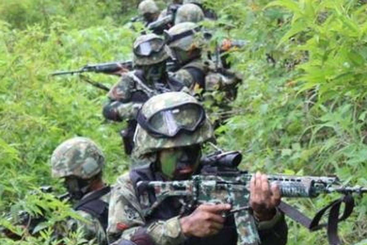 A file photo of Indonesian military (TNI) personnel during a patrol in Sugapa district in Intan Jaya regency, Papua. 