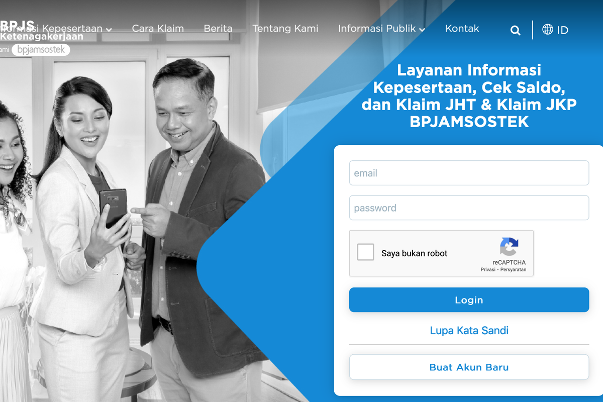 Tampilan website sso.bpjsketenagakerjaan.go.id buat cek nomor BPJS Ketenagakerjaan tanpa aplikasi.