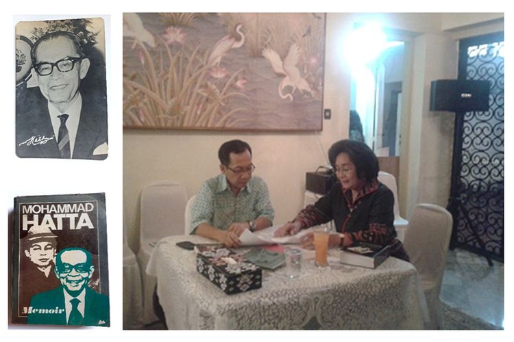 Foto kenangan pemberian Bung Hatta (kiri atas). Buku Memoir Bung Hatta (kiri bawah). Penulis bersama Bu Meutia membahas tentang penerbitan ulang buku Biografi Politik Mohammad Hatta karya Deliar Noer (kanan). 