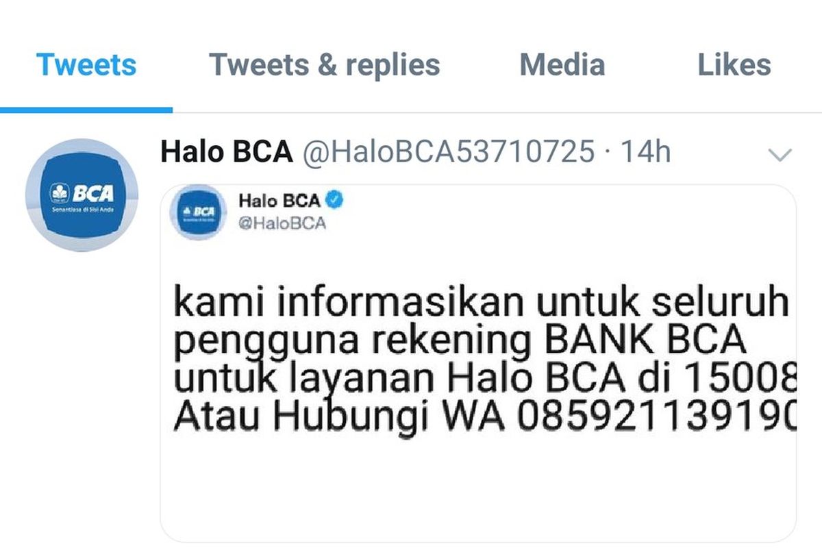 Akun palsu customer service Halo BCA di Twitter