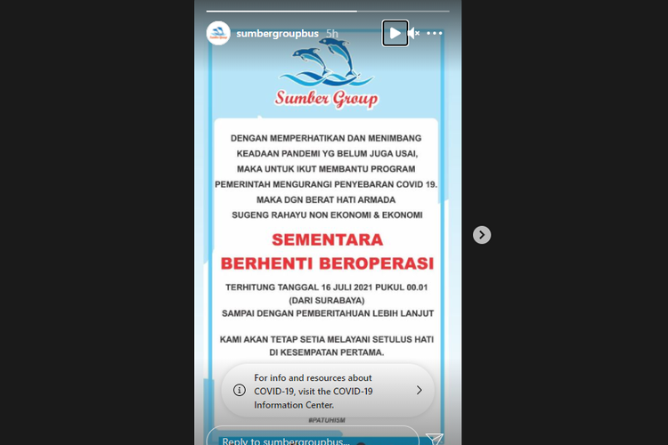 Tangkapan layar pengumuman PO Sumber Group berhenti beroperasi sementara.