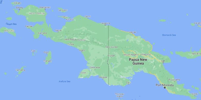 Peta Pulau Papua, termasuk wilayah NKRI dan Papua Nugini.