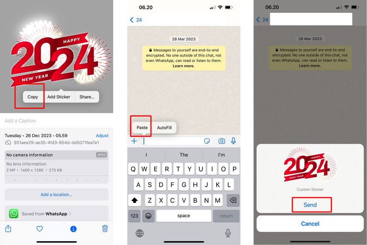 Ilustrasi cara membuat stiker Tahun Baru 2024 di WhatsApp iPhone.
