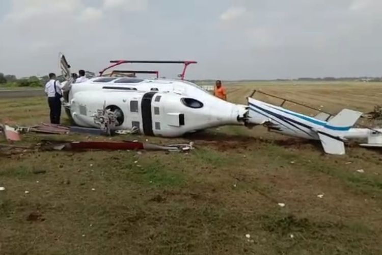Helikopter milik Balai Besar Kalibrasi Fasilitas Perhubungan Kemenhub tipe Bell 429 PK-CAW mengalami kecelakaan di Bandara, Tangerang, Banten, Senin (13/9/2021), sekitar pukul 10.25 WIB.