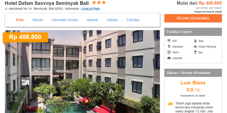 Harga yang tertera untuk kamar superior pemandangan kolam renang, Hotel Dafam Savvoya, Seminyak, Bali di Pegipegi