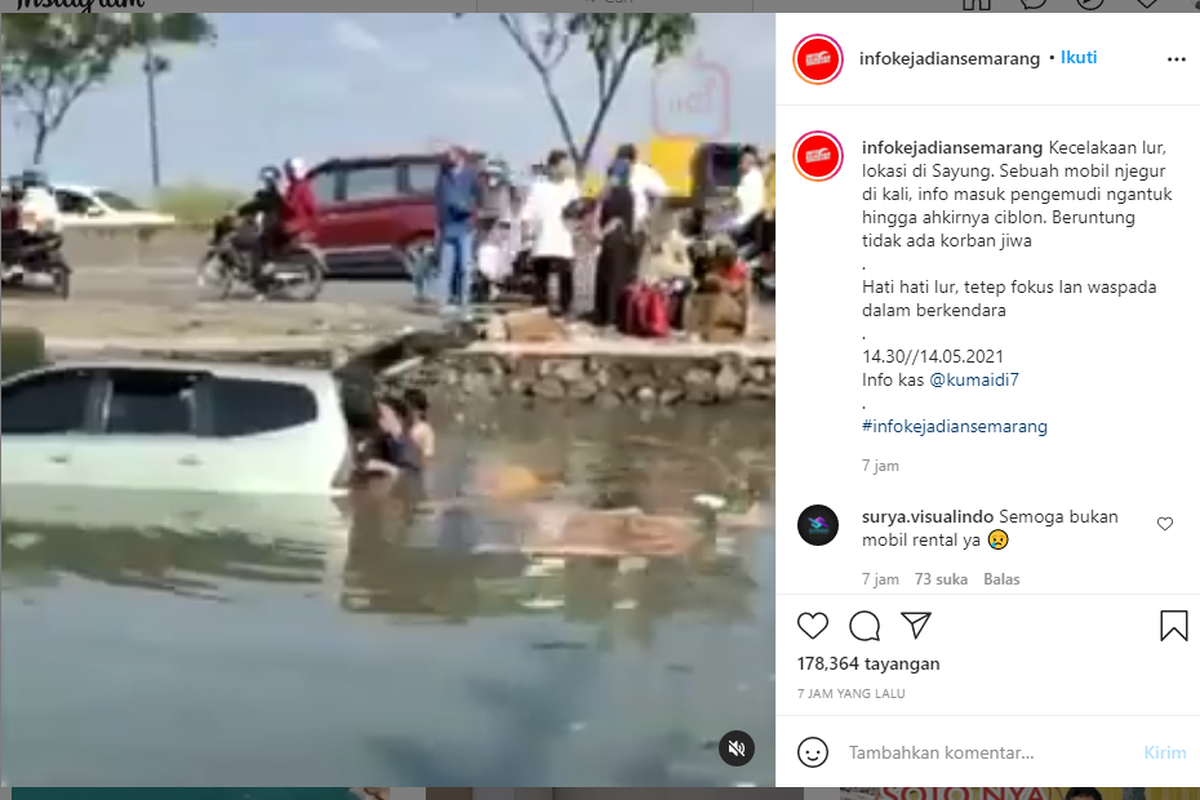 Tangkapan layar video nyemplung ke sungai akibat sopir mengantuk, Jumat (14/5/2021).