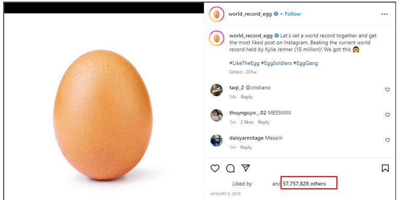 Foto telur yang sebelumnya memecahkan rekor postingan yang paling banyak disukai di Instagram, sebelum akhirnya dikalahkan Messi.