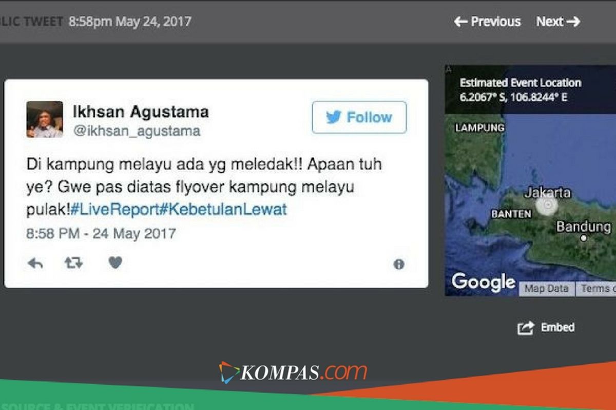 Twit pertama Ikhsan Agustama terkait bom Kampung Melayu pada Rabu (24/5/2017) pukul 20.58. 