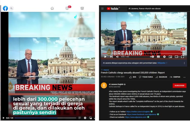 Tangkapan layar perbandingan video hoaks dan sumber video asli dari laporan Al Jazeera, 5 Oktober 2021.