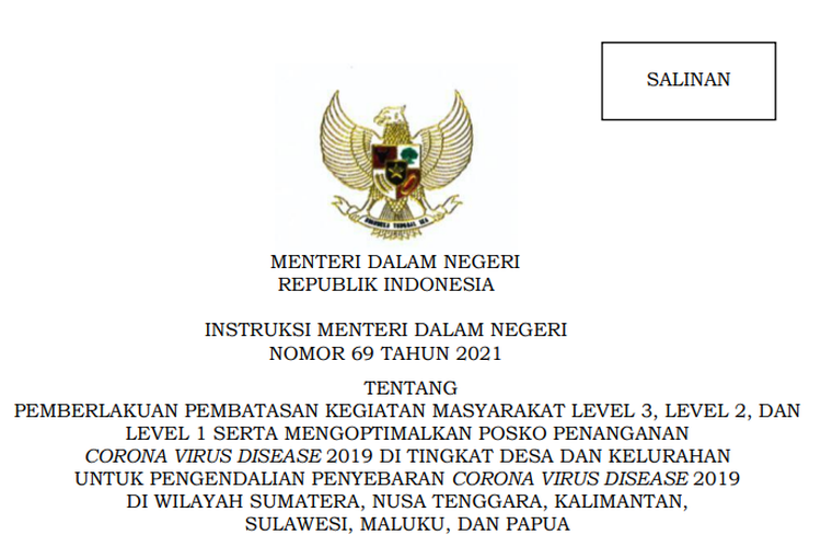 Tangkapan layar salinan Inmendagri nomor 69 tahun 2021 tentang PPKM luar Jawa Bali