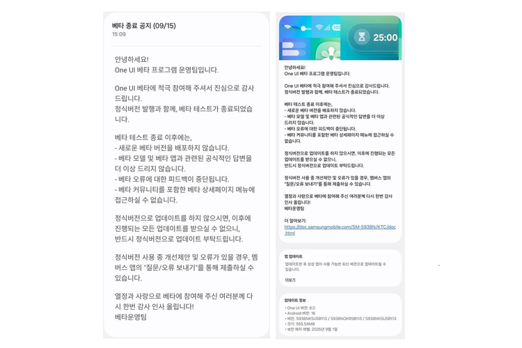 Pembaruan One UI 8 pertama kali hadir untuk pengguna Galaxy S25 series di Korea Selatan dengan ukuran file sekitar 3,8 GB dan nomor versi S938NKSU5BYI3/S938NOKR5BYI3/S938NKSU5BYI3. 
