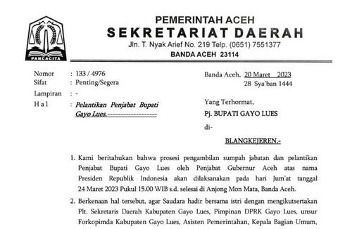 Pj Bupati Gayo Lues Aceh Diganti, Sakit Sejak Desember 2022