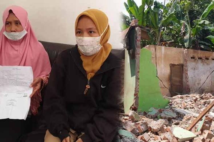 Ainun Jariyah bersama putrinya. Foto kanan : Kondisi rumah gono-gini dirobohkan oleh eks istri Kasnan di Dusun Tegalan RT03/RW01, Desa/ Kecamatan Trowulan, Kabupaten Mojokerto. 