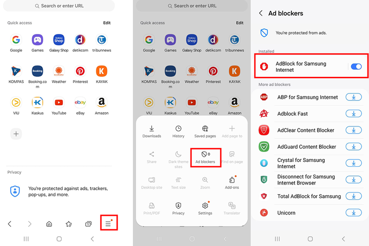 Cara mengaktifkan Adblocker untuk memblokir konten ads di Samsung Internet