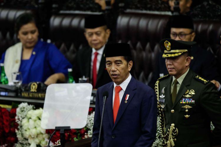 Joko Widodo memberikan pidato saat pelantikan Presiden dan Wakil Presiden RI di Gedung DPR/MPR, Jakarta, Minggu (20/10/2019). Jokowi dan Maruf Amin sebagai Presiden dan Wakil Presiden masa jabatan 2019-2024.