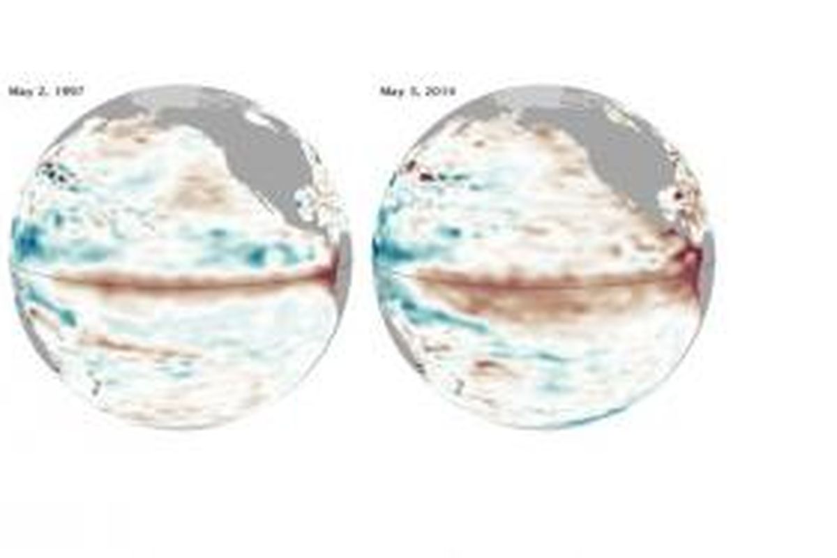 Peta menunjukkan perkembangan El Nino tahun 1997 (kiri) dan 2014 (kanan). Arsiran kecoklatan menunjukkan wilayah dengan perairan lebih hangat dan muka air laut lebih tinggi. Warna kebiruan menunjukkan perairan yang lebih dingin. Warna putih menunjukkan perairan dengan suhu normal. 