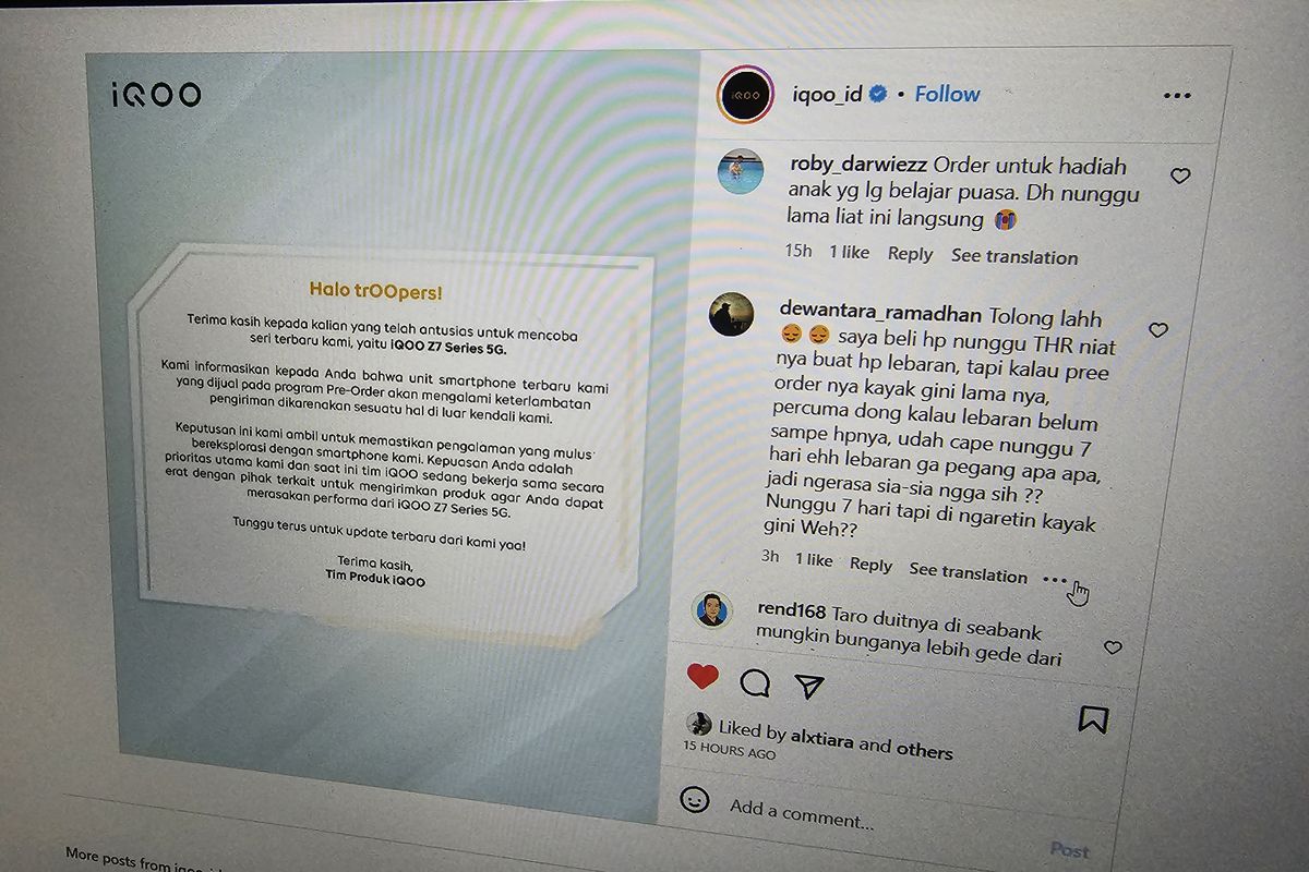 Tangkapan layar pengumuman keterlambatan pengiriman unit HP iQoo Z7 series 5G. Postingan ini juga dibanjiri oleh luapan kekecewaan dari konsumen iQoo.