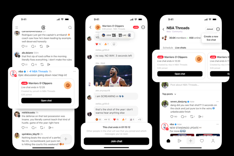 Tampulan fitur Live Chats di Threads. Fitur ini menghadirkan percakapan langsung dengan dukungan pesan teks, emoji, hingga polling selama acara berlangsung.