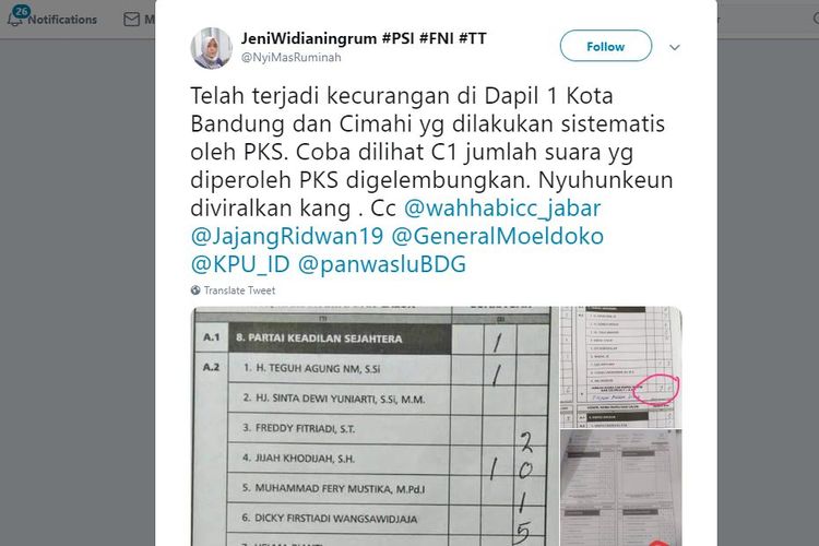 Dalam unggahannya, @NyiMasRuminah meminta kebijaksanaan agar Pemilu di Kota Bandung dan Cimahi ditinjau kembali, dengan mengecek semua C1 karena indikasi kecurangan salah satu partai. 