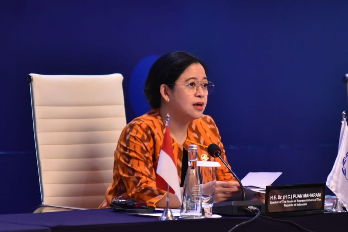 Ketua DPR Puan Maharani dalam acara pembukaan The First Global Parliamentary Meeting on Achieving the SDGs yang bertajuk ‘Mengubah tantangan pandemi Covid-19 menjadi peluang mencapai SDGs’, Selasa (28/9/2021).