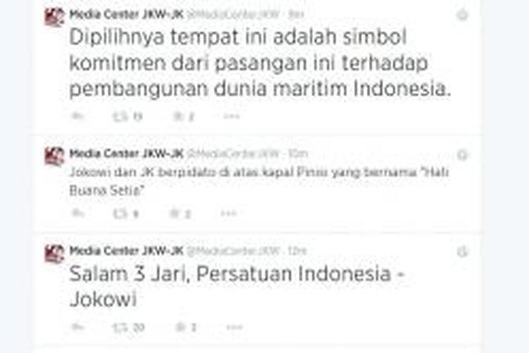 Media center Jokowi-JK menuliskan lewat akun Twitter-nya tentang makna pilihan lokasi pidato perdana presiden terpilih Jokowi, Selasa (22/7/2014). Jokowi berpidato di kapal pinisi Hati Buana Setia.