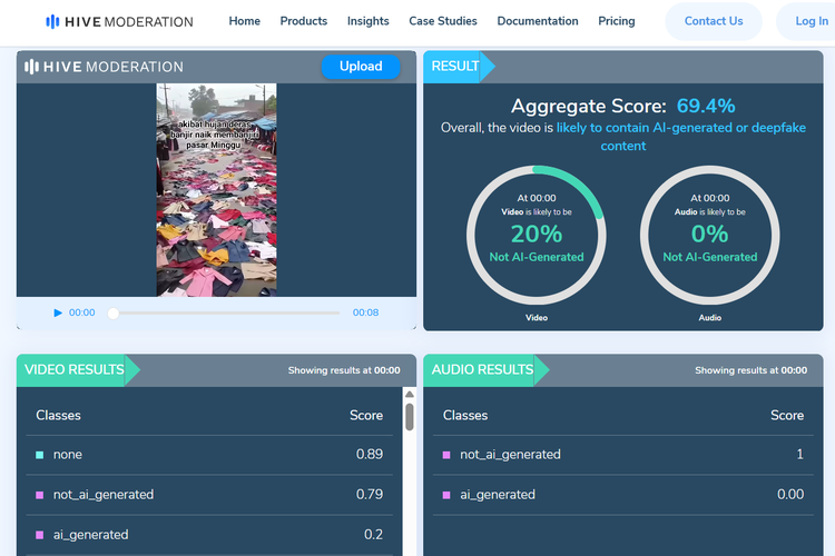 Tangkapan layar Hive Moderation menunjukkan, video banjir di Pasar Minggu memiliki probabilitas 69,4 persen dihasilkan AI.
