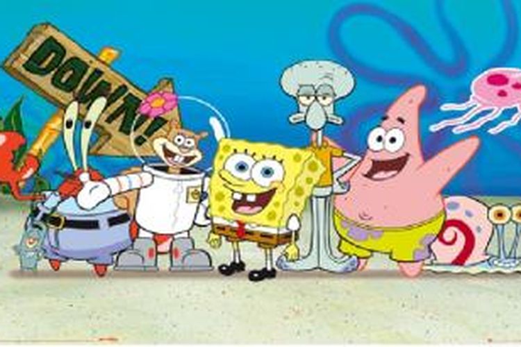 Para karakter dalam film kartun SpongeBob SquarePants (kiri ke kanan): Plankton, Tuan Crab, Sandy, SpongeBob, Squidward, Patrick dan Garry.