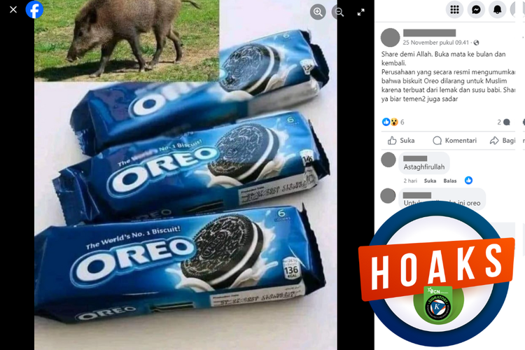 Tangkapan layar unggahan dengan narasi hoaks di sebuah akun Facebook, Sabtu (25/11/2023), soal biskuit Oreo dilarang untuk muslim karena mengandung babi.