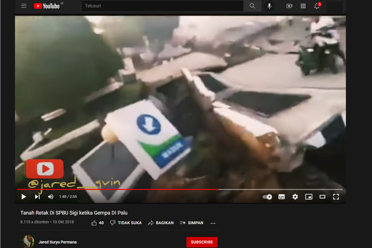 Tangkapan layar video di akun YouTube Jared Surya Permana pada 10 Oktober 2018, tentang gempa di Sigi, Sulawesi Tengah.