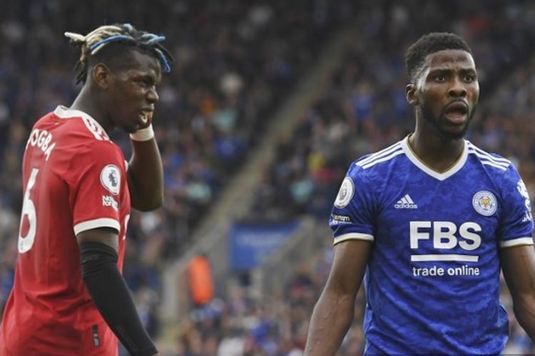 Gelandang Manchester United Paul Pogba dan penyerang Leicester City Kelechi Iheanacho dalam laga lanjutan Liga Inggris di Stadion King Power, Sabtu (16/10/2021).