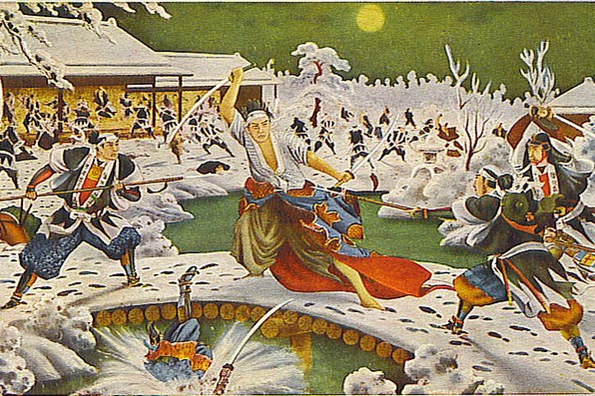 Gambar sebuah kartu pos yang berisi ilustrasi kisah 47 ronin.