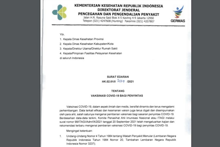 Tangkapan layar Surat Edaran Kemenkes tentang vaksinasi Covid-19 bagi penyintas.