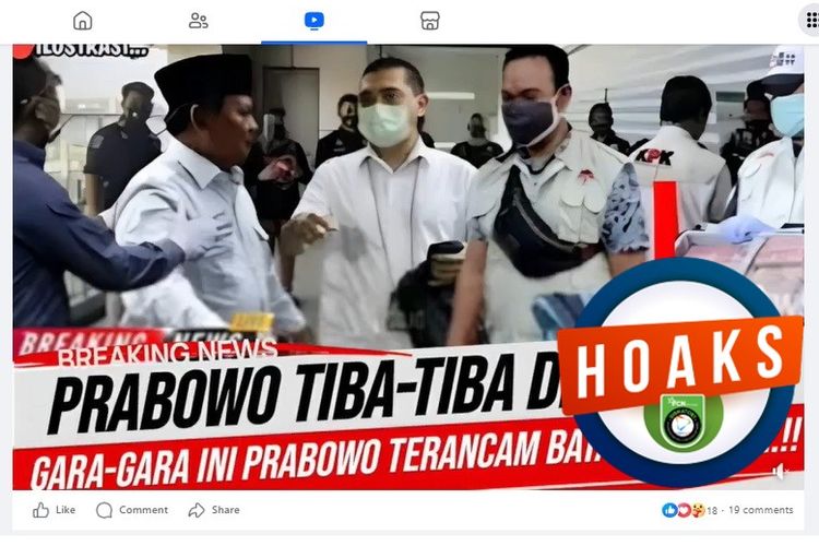 Tangkapan layar Facebook narasi yang menyebut Prabowo ditangkap dan terancam gagal maju di Pilpres 2024