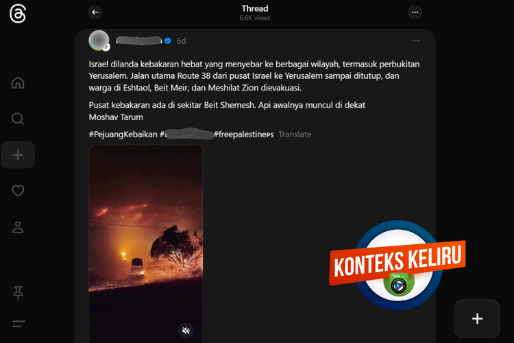 Tangkapan layar konten dengan konteks keliru di sebuah akun Facebook, Sabtu (26/4/2025), mengenai kebakaran di Israel.