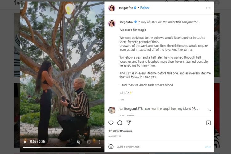 Machine Gun Kelly dan Megan Fox bertunangan pada 11 Januari 2021 yang lalu. Dalam keterangan video, Fox mengaku ia dan pasangannya minum darah satu sama lain.