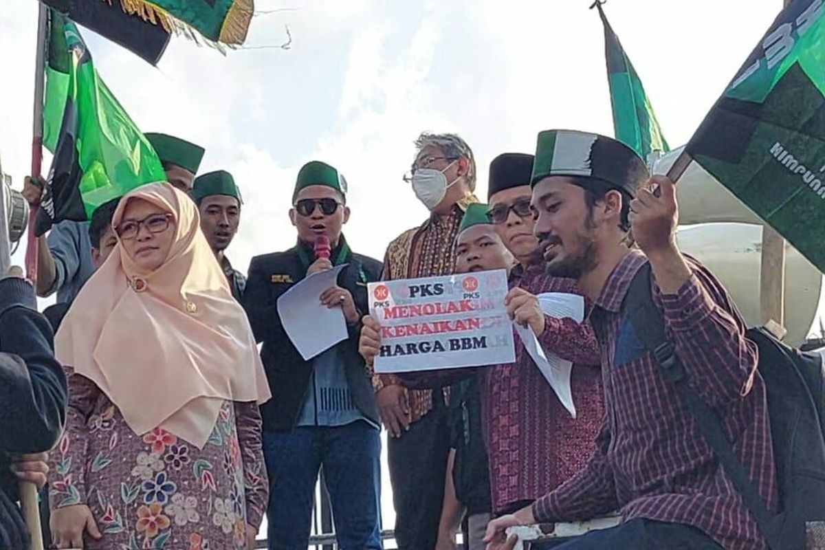 Wakil Ketua Fraksi PKS DPR RI Mulyanto dan sejumlah anggotanya saat menemui massa aksi demonstrasi menolak kenaikan harga BBM, Selasa (6/9/2022).