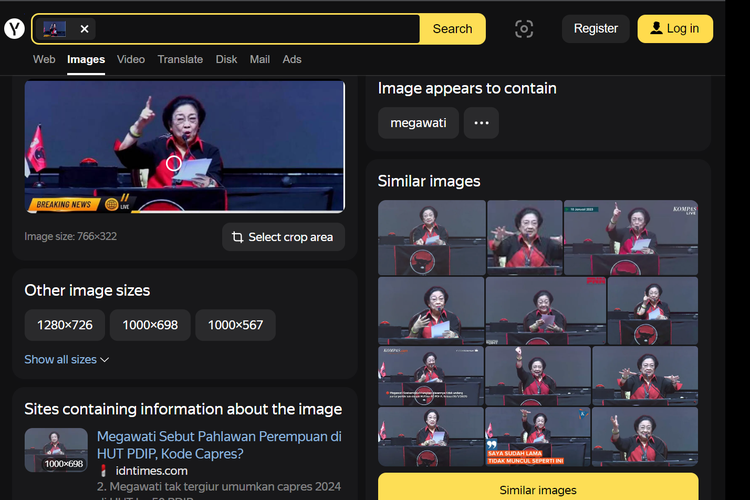 Tangkapan layar pencarian gambar di Yandex, menampilkan Ketum PDI-P Megawati sedang berpidato dalam acara perayaan HUT ke-50 partai tersebut.