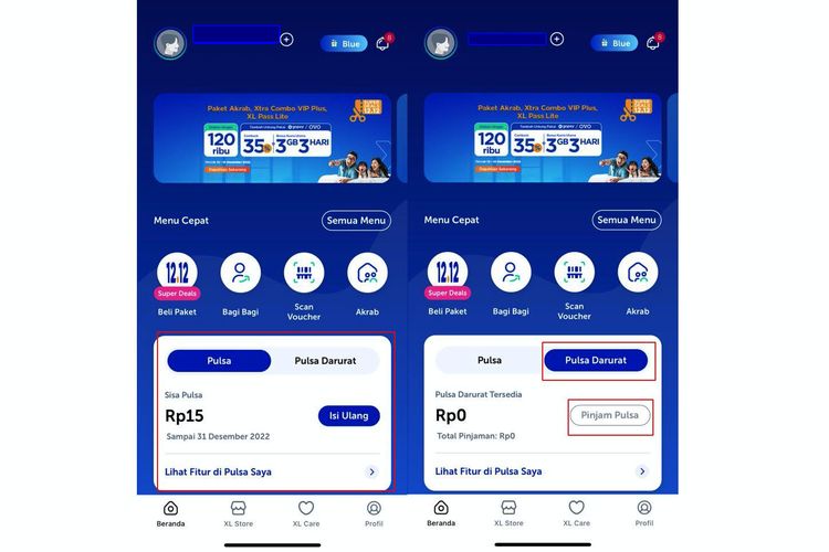 Ilustrasi cara utang pulsa XL lewat menu Pulsa Darurat di aplikasi MyXL.