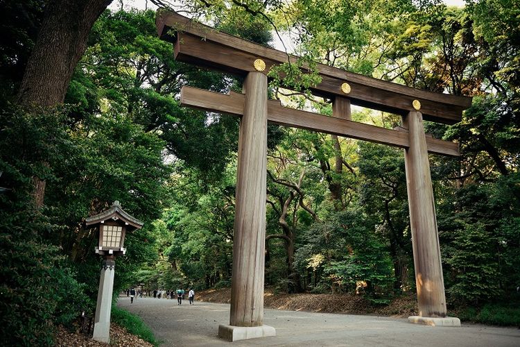 Gerbang torii menuju Kuil Meiji di Shinjuku, Tokyo, Jepang.